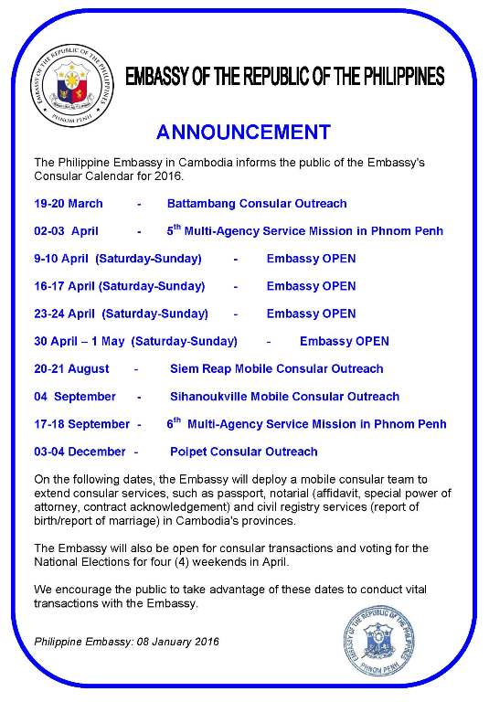 ANNOUNCEMENT CONSULAR CALENDAR 2016