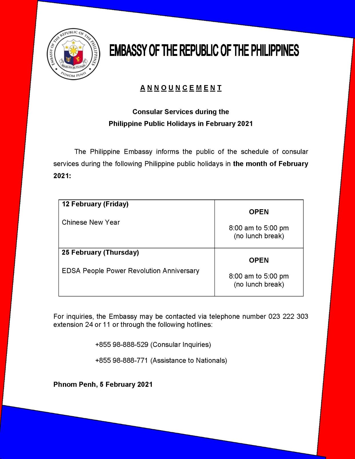 Announcement Consular Services during Philippine Holidays in February 2021